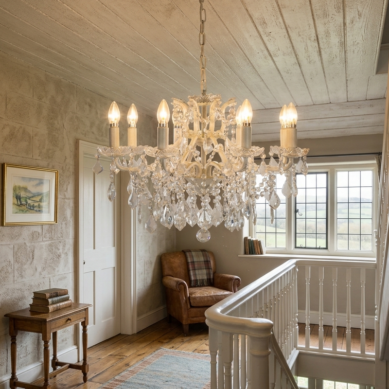 8 branch chandelier on a landing in a stairwell, with leather chair, small side tables and window view.