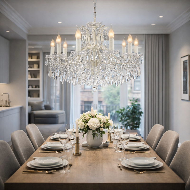 Twelve branch white crystal chandelier over a dining table in a modern dining room.