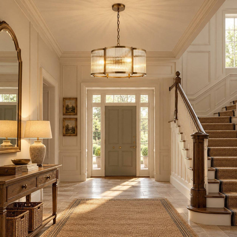 A modern cylindrical chandelier with ribbed glass shades and a brushed brass frame hangs in a bright, elegant entryway with a staircase, console table, and warm natural light.