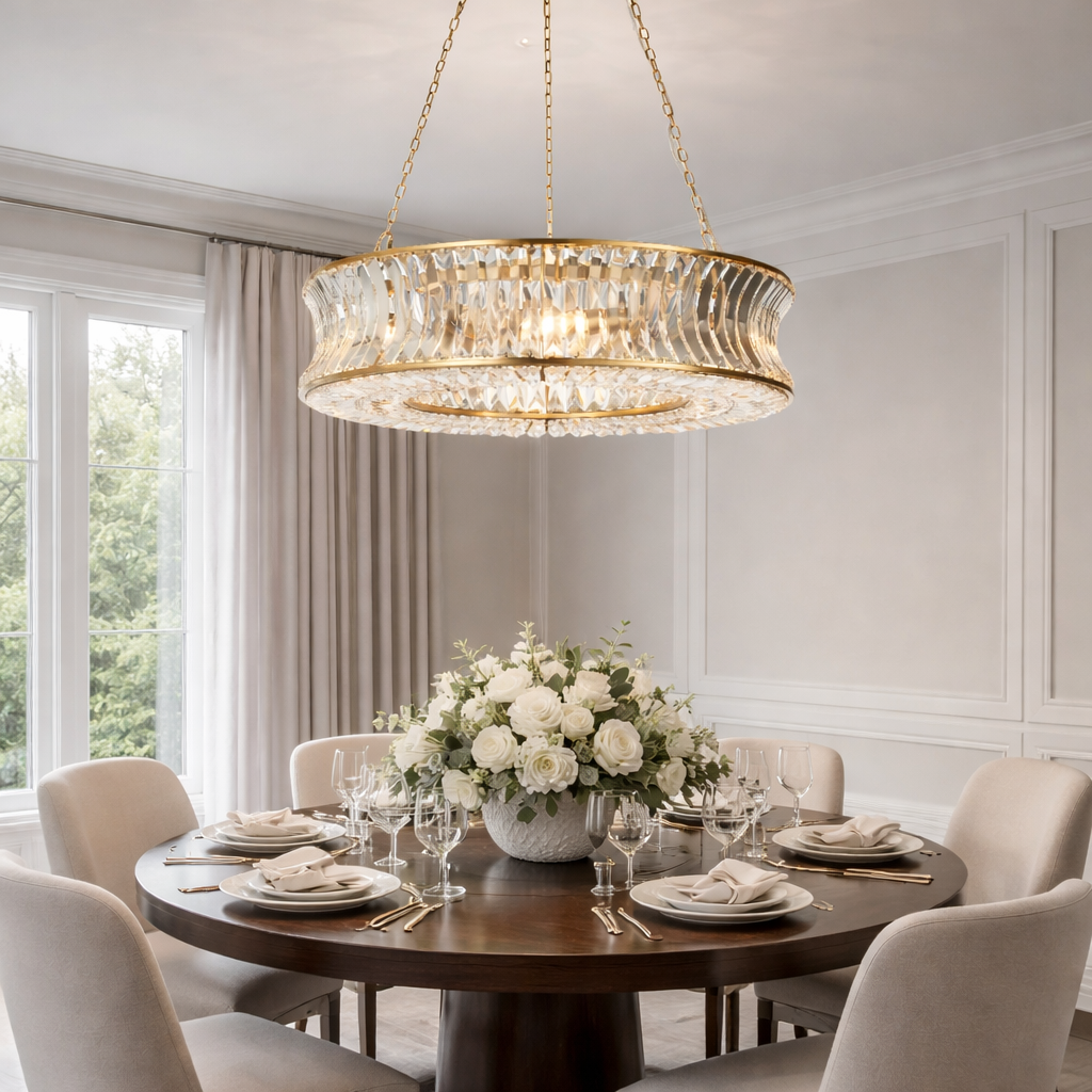 Dining room with a round table set for dinner, featuring a large chandelier and floral centerpiece.