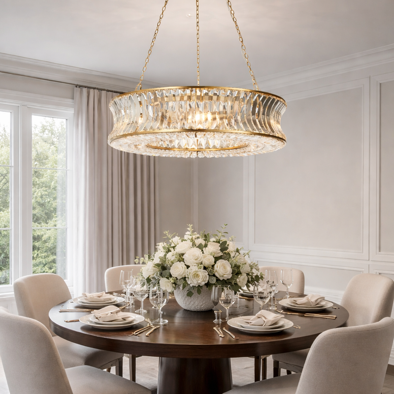 Dining room with a round table set for dinner, featuring a large chandelier and floral centerpiece.
