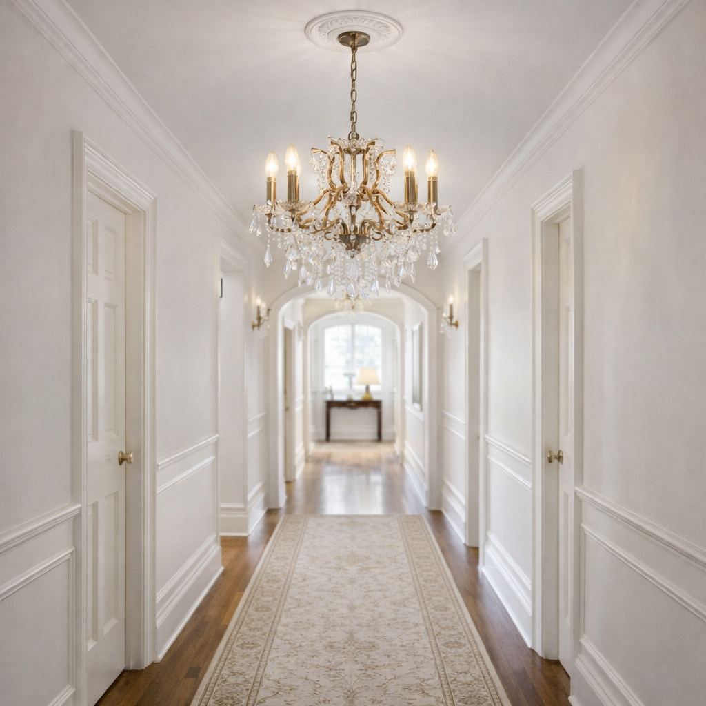 Pair of six branch crystal chandeliers in a long country house hallway. 