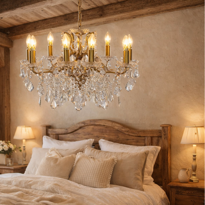 12 branch gold crystal chandelier over a country house style bed, with lamps and bedside tables.