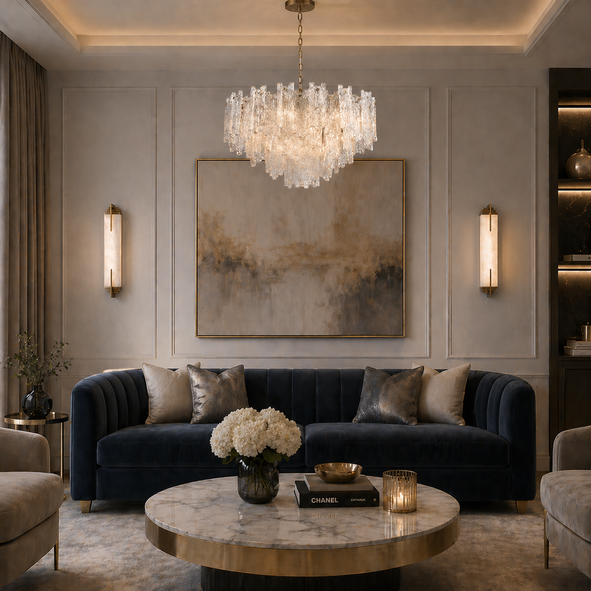 Marble wall lights on a traditional sitting room wall with stunning chandelier to complement the lighting in the room.