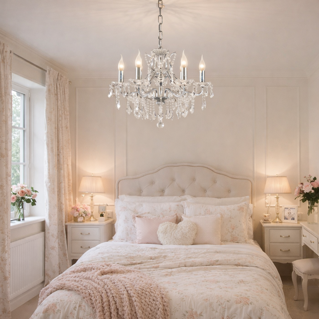 6 branch crystal chandelier in a pretty bedroom setting, with bedside tables, lights and dressing table.