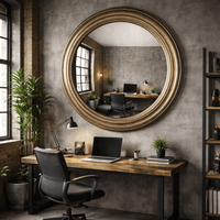 Modern home office with wooden desk, chair, and large, convex mirror on the wall.