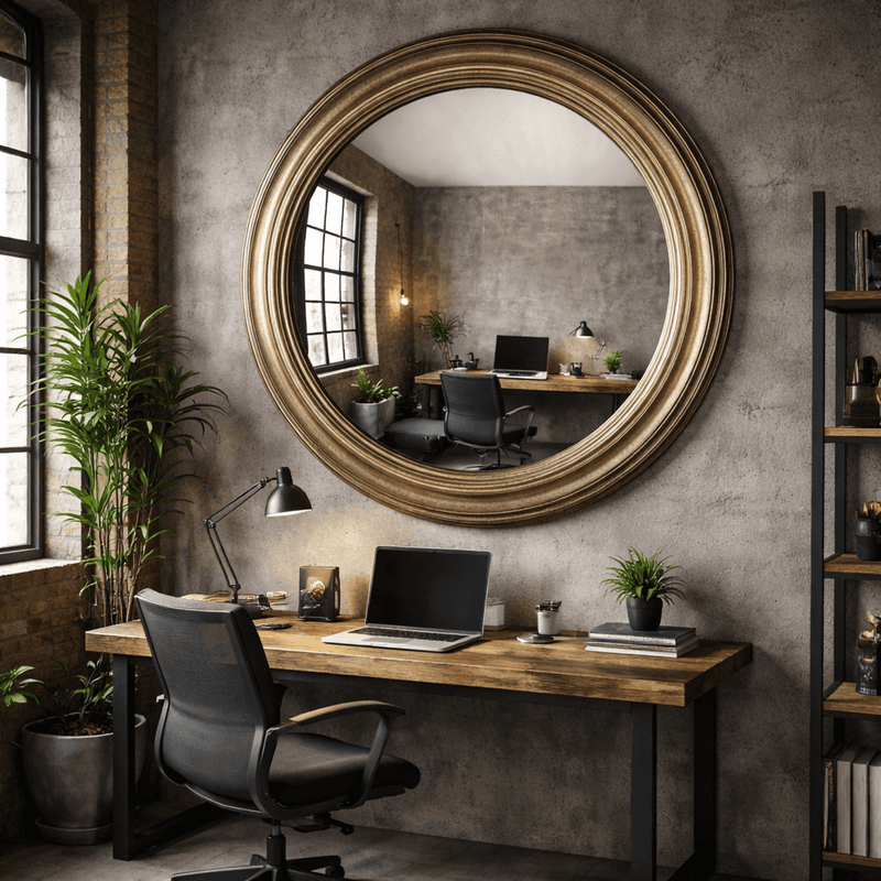 Modern home office with wooden desk, chair, and large, convex mirror on the wall.