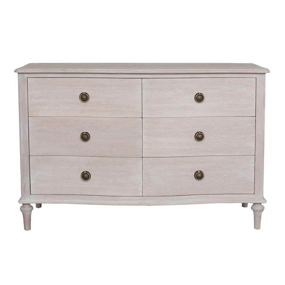 Soft off white 6 drawer chest made of hardwood with round decorative metal drawer pulls, standing on turned legs, ideal for bedroom storage