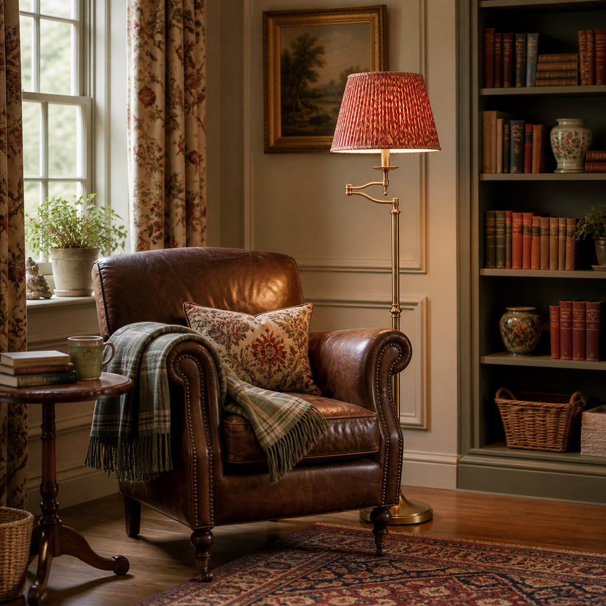 Brass extending arm floor lamp in cozy living room