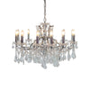Chrome 12-arm crystal chandelier with cascading crystal droplets.