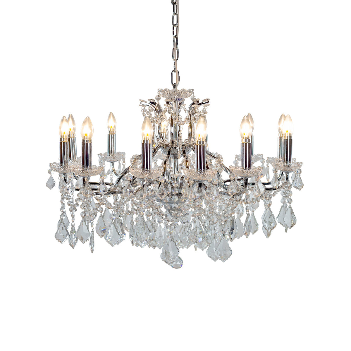 Chrome 12-arm crystal chandelier with cascading crystal droplets.