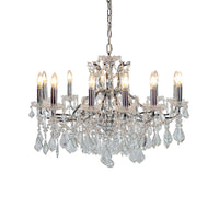 Chrome 12-arm crystal chandelier with cascading crystal droplets.