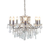 Chrome shallow 8-arm crystal chandelier with faceted crystal droplets.
