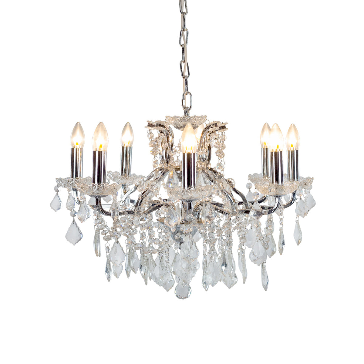 Chrome shallow 8-arm crystal chandelier with faceted crystal droplets.