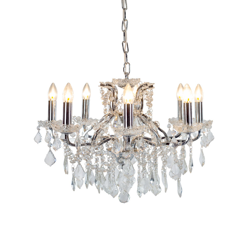 Chrome shallow 8-arm crystal chandelier with faceted crystal droplets.