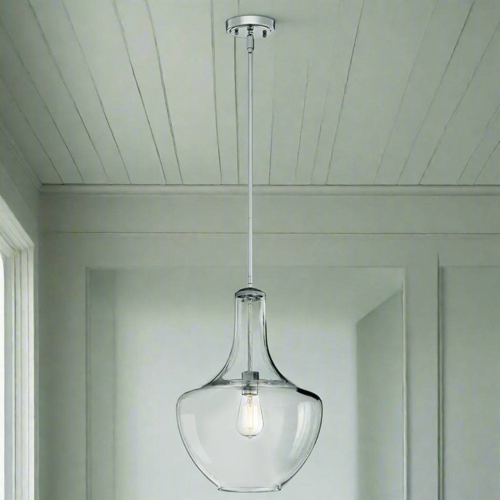 Medium chrome clear glass pendant light with shaped teardrop glass shade