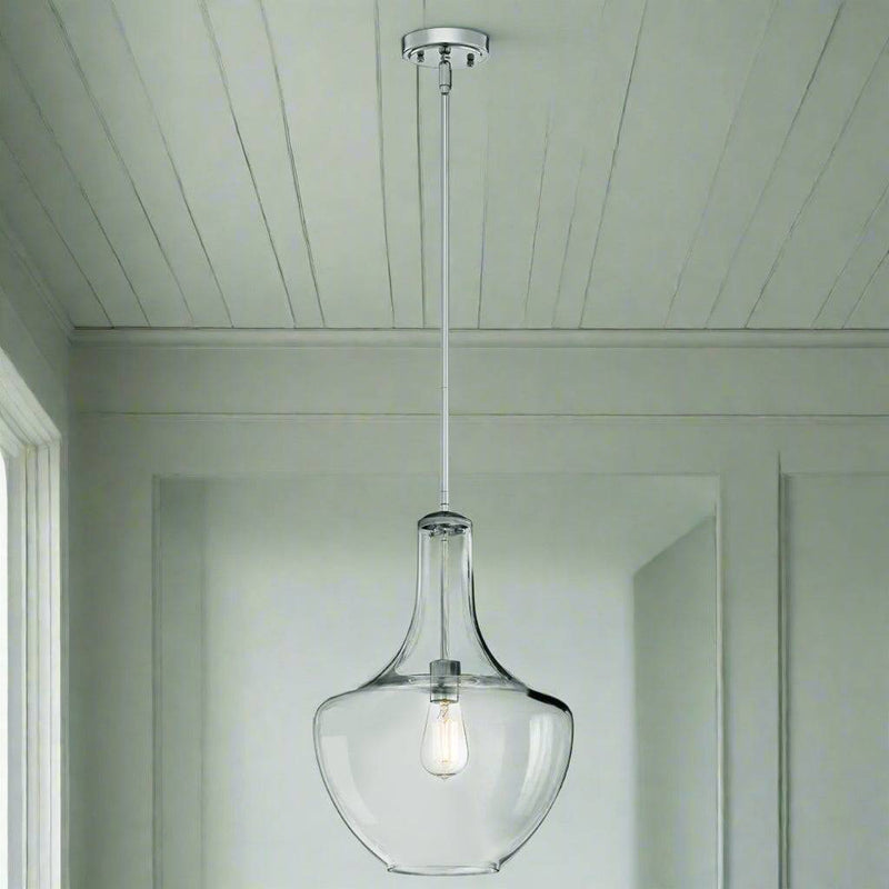 Medium chrome clear glass pendant light with shaped teardrop glass shade
