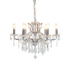 Shallow chrome 6-branch crystal chandelier with crystal droplets.