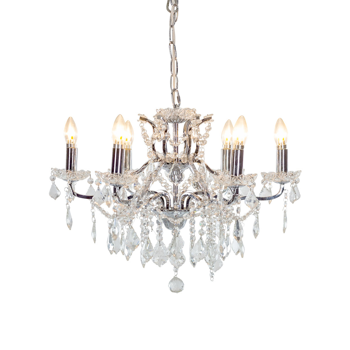 Shallow chrome 6-branch crystal chandelier with crystal droplets.
