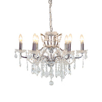 Shallow chrome 6-branch crystal chandelier with crystal droplets.