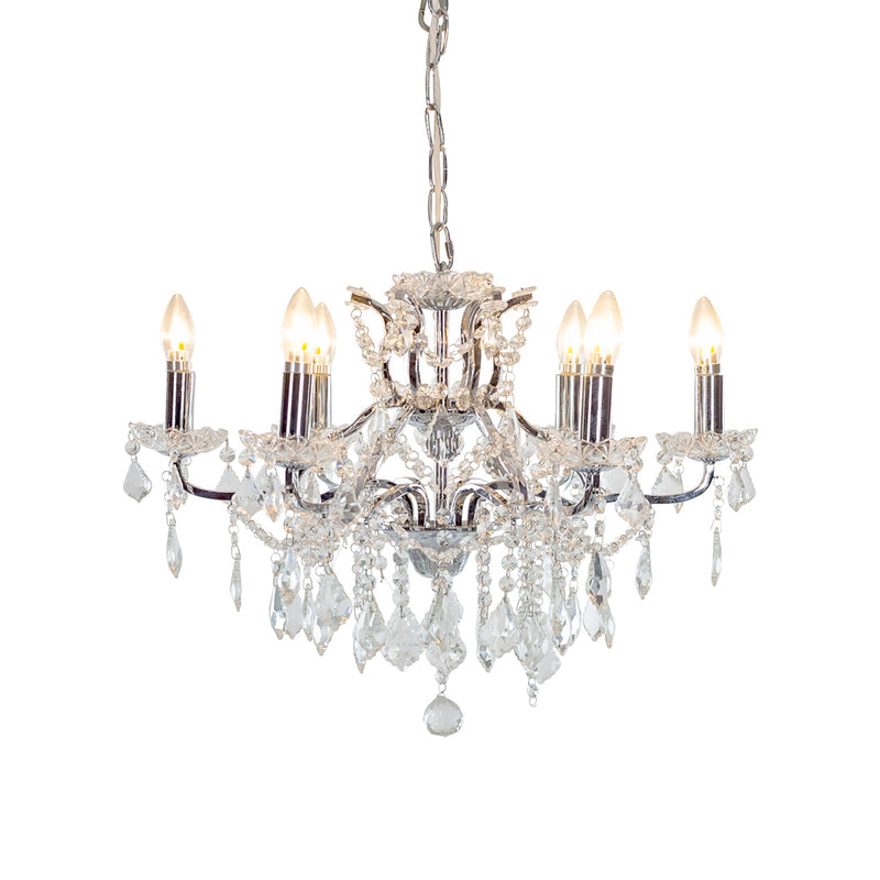 Shallow chrome 6-branch crystal chandelier with crystal droplets.