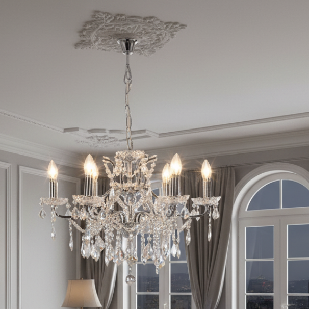 Shallow chrome 6-branch crystal chandelier with crystal droplets.