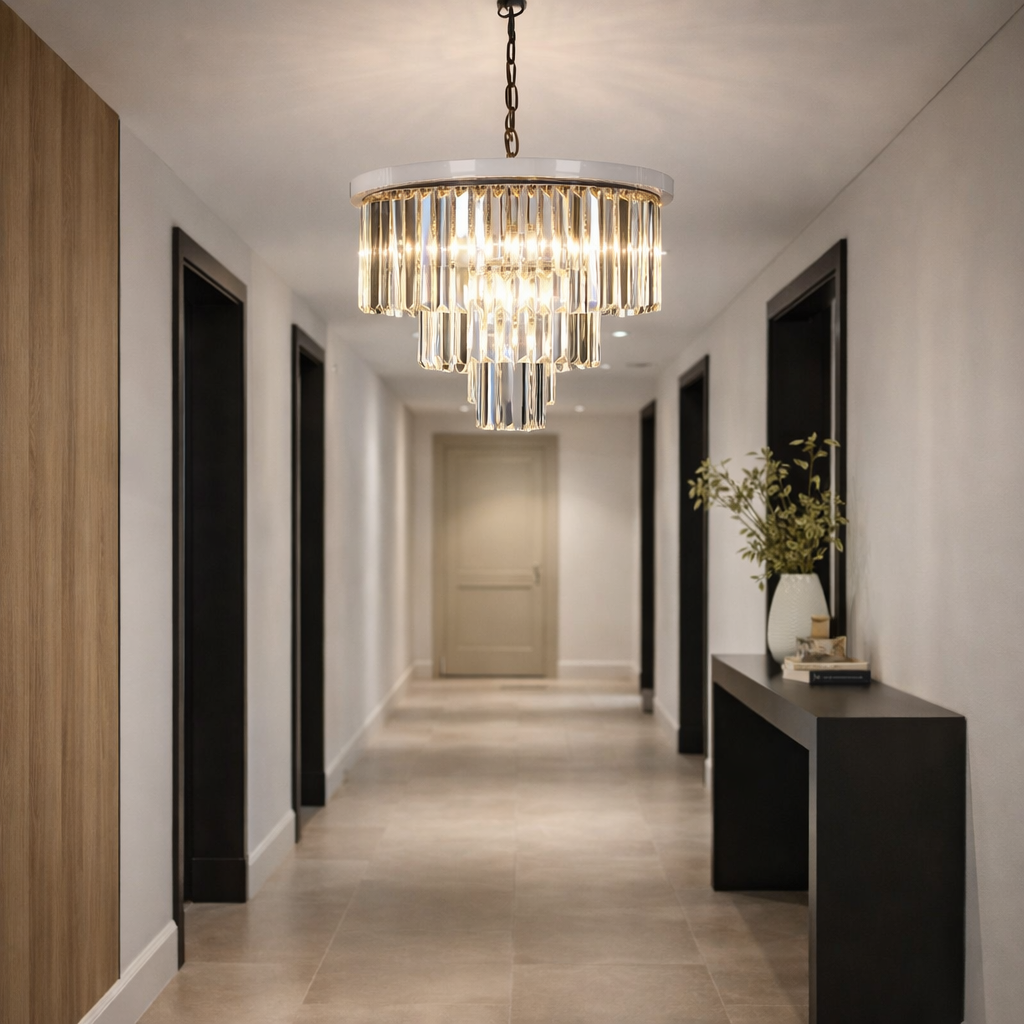 Modern hallway with a chandelier, console table, and decorative elements.