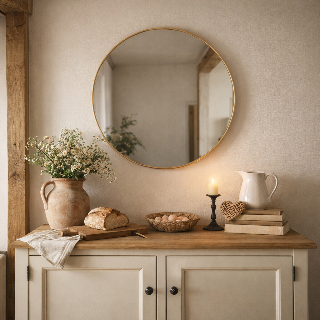 Circular 71 cm  mirror in a cottage setting over a wooden sideboard against a pale plastered wall. 