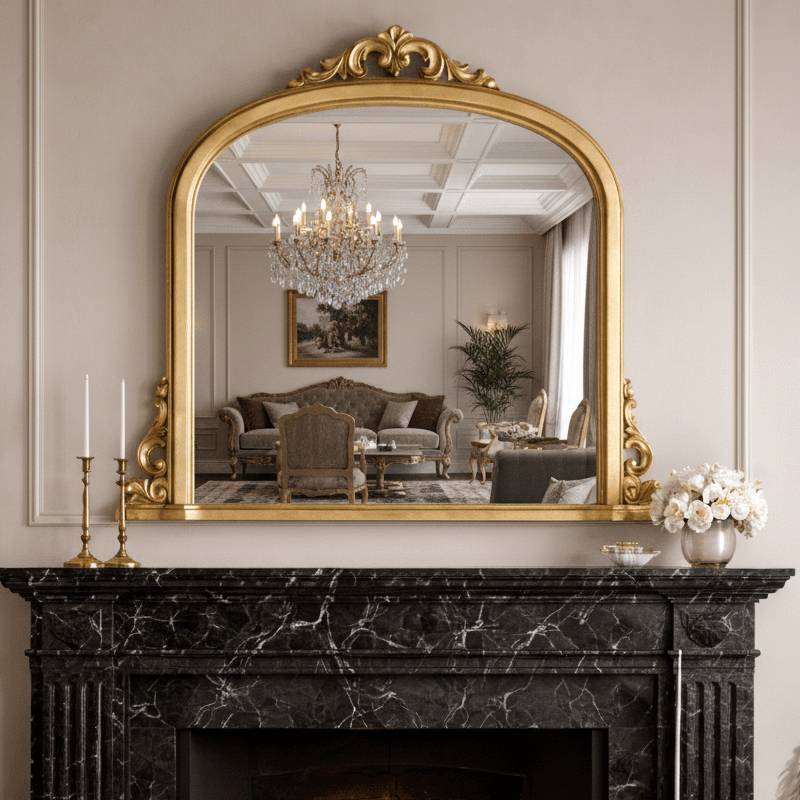 Decorative gold overmantle mirror above black marble fireplace in a traditional setting.
