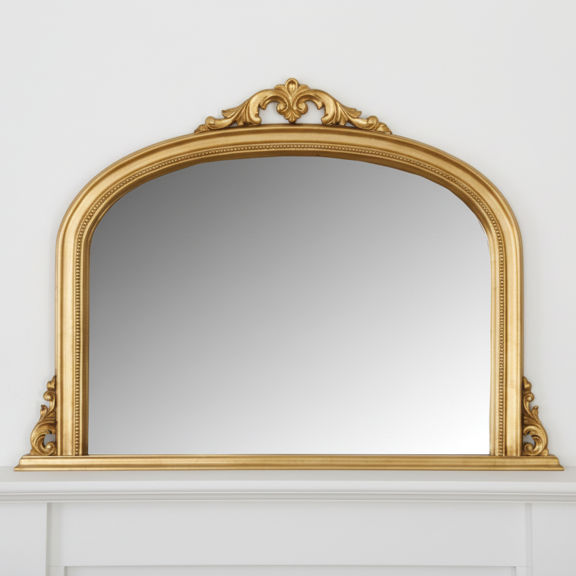 Gilt overmantle, traditional fireplace mirror.