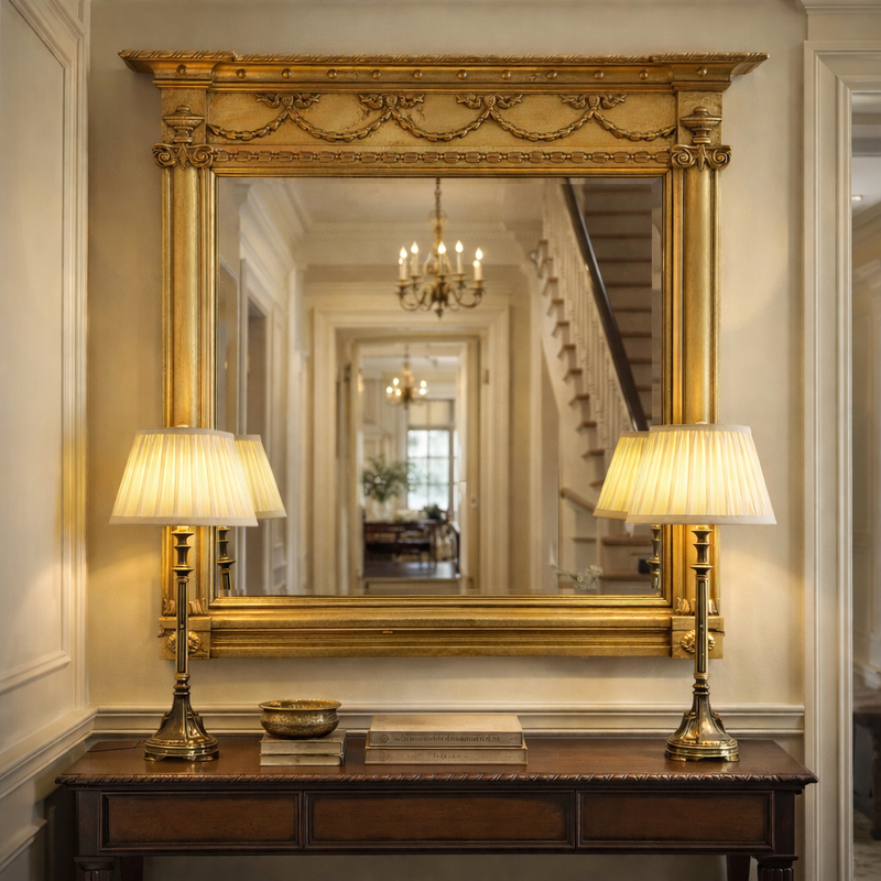 Ornate overmantle in a traditional hall over a console table with lamps.