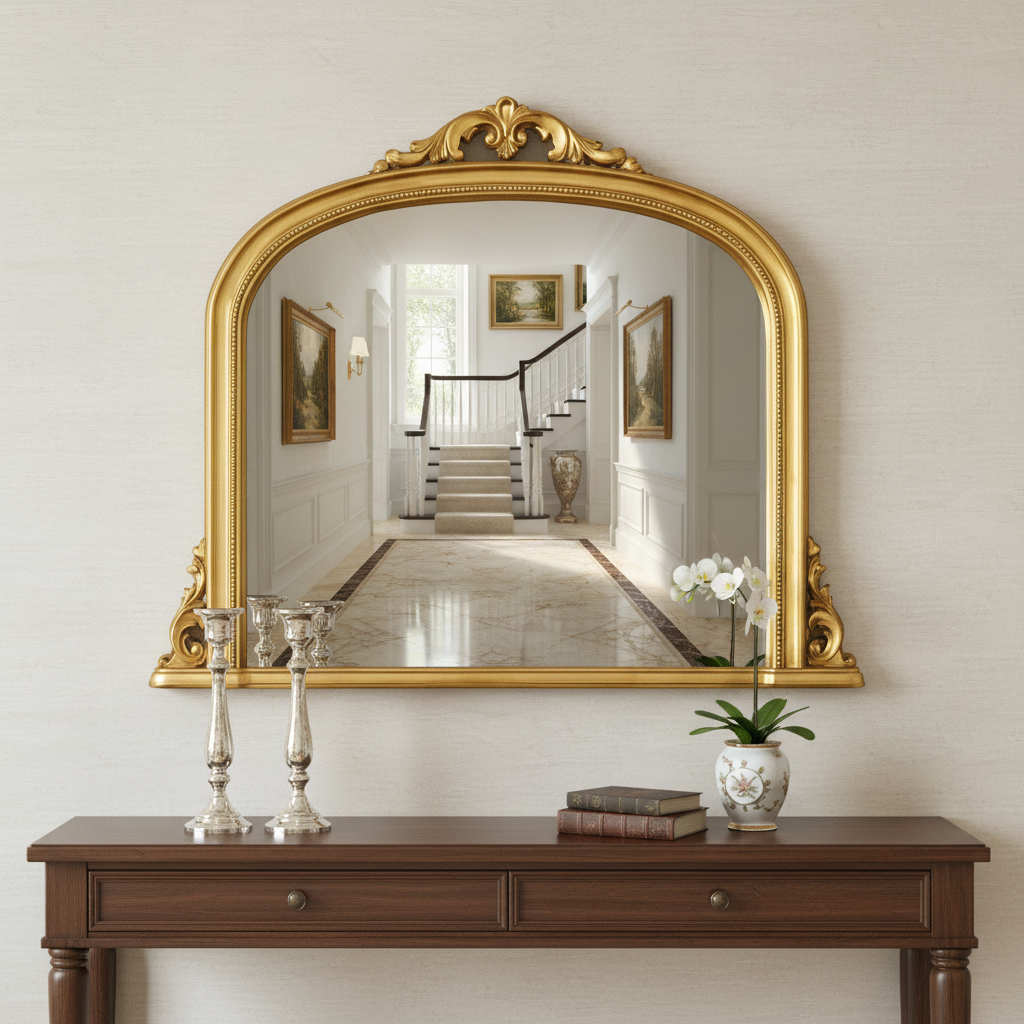 Smaller ornate gold overmantle mirror with arched top and decorative scrollwork crest.