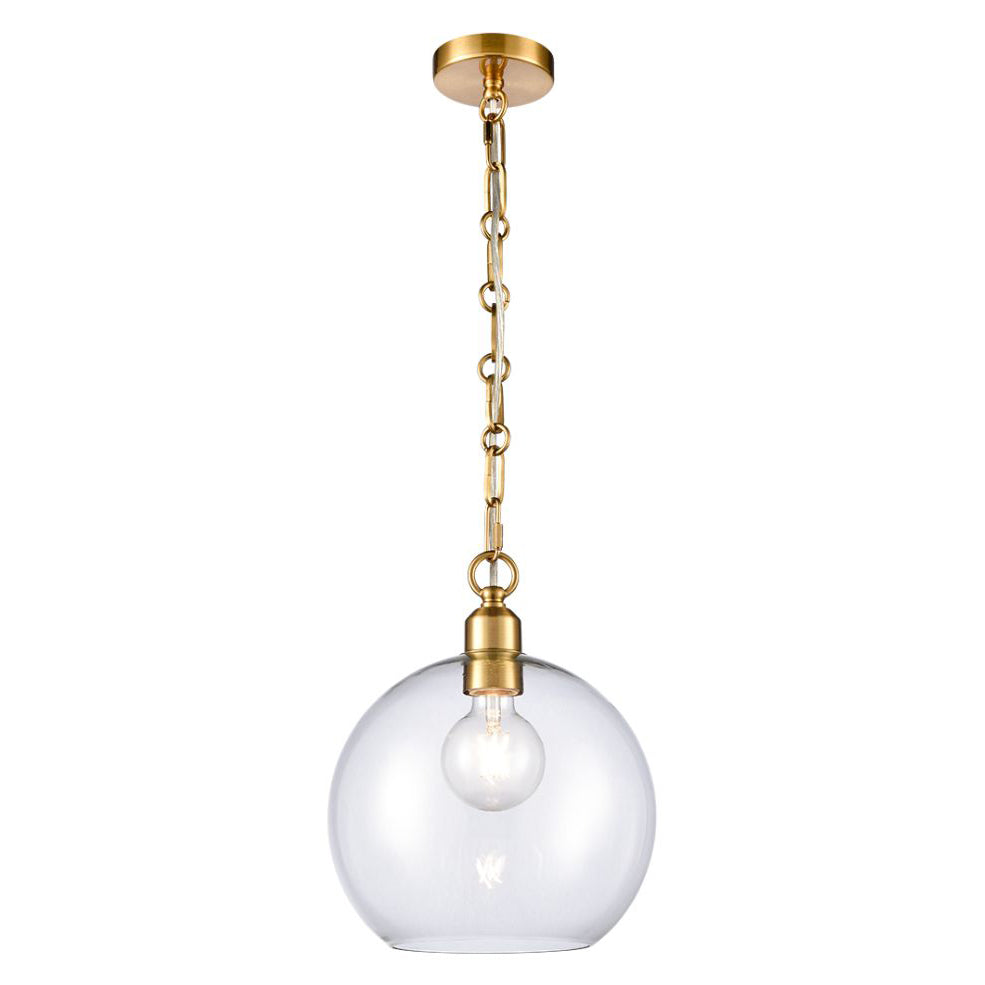 Clear glass pendant light with decorative gilt brass chain hanging from ceiling