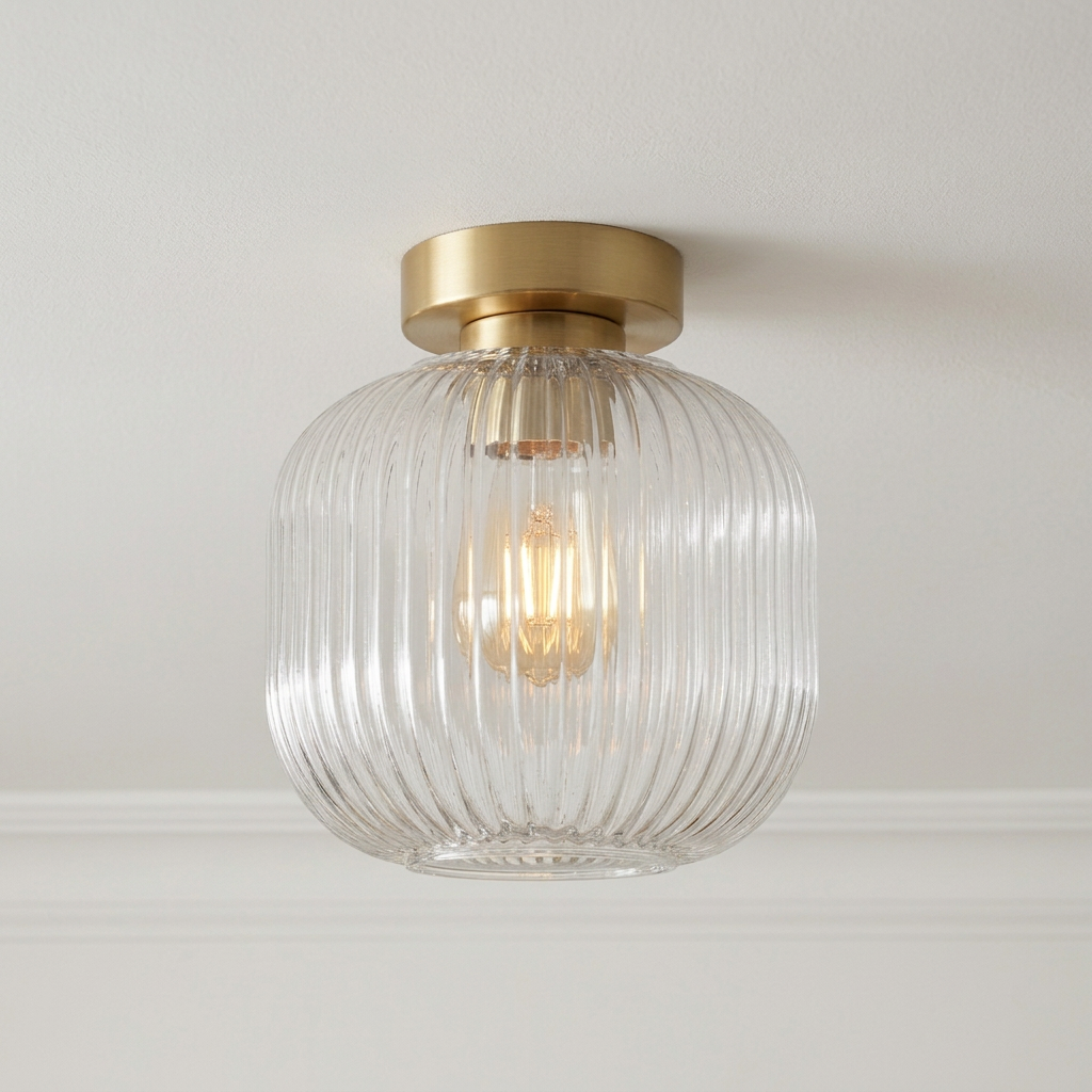 A modern semi-flush mount ceiling light featuring a ribbed clear glass shade and a brushed brass  ceiling rose