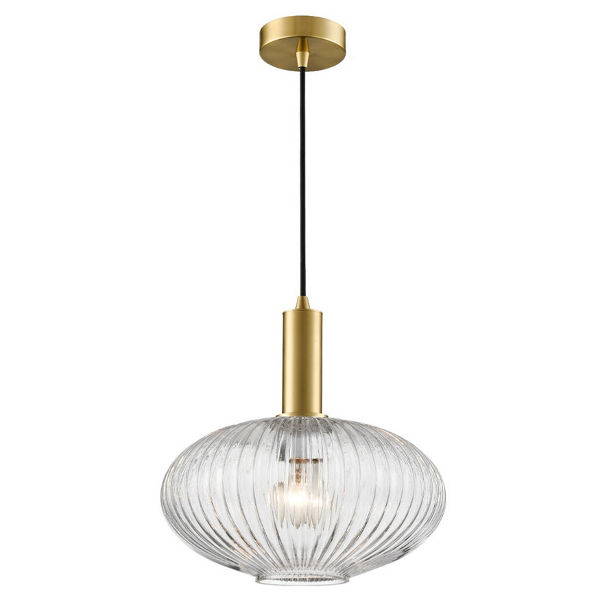 Modern pendant light with clear glass shade and gold fixture on a white background