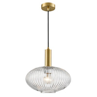 Modern pendant light with clear glass shade and gold fixture on a white background