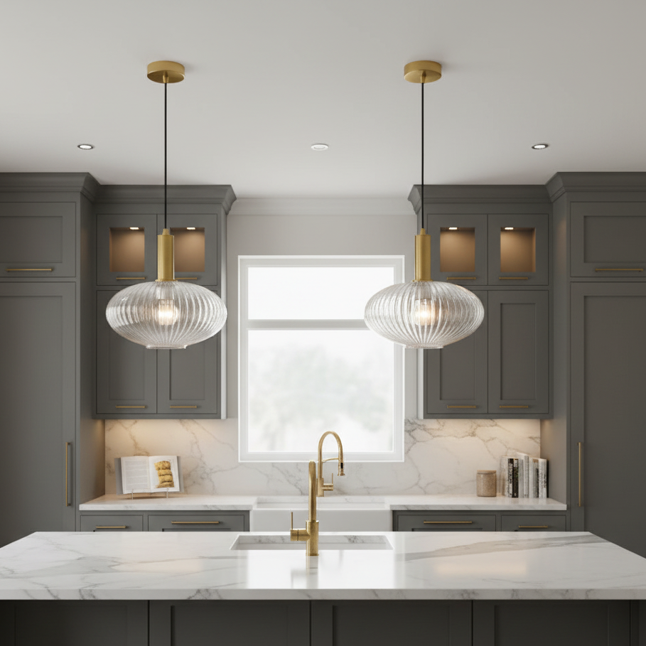 Modern kitchen with gray cabinets, marble countertops, and gold fixtures.