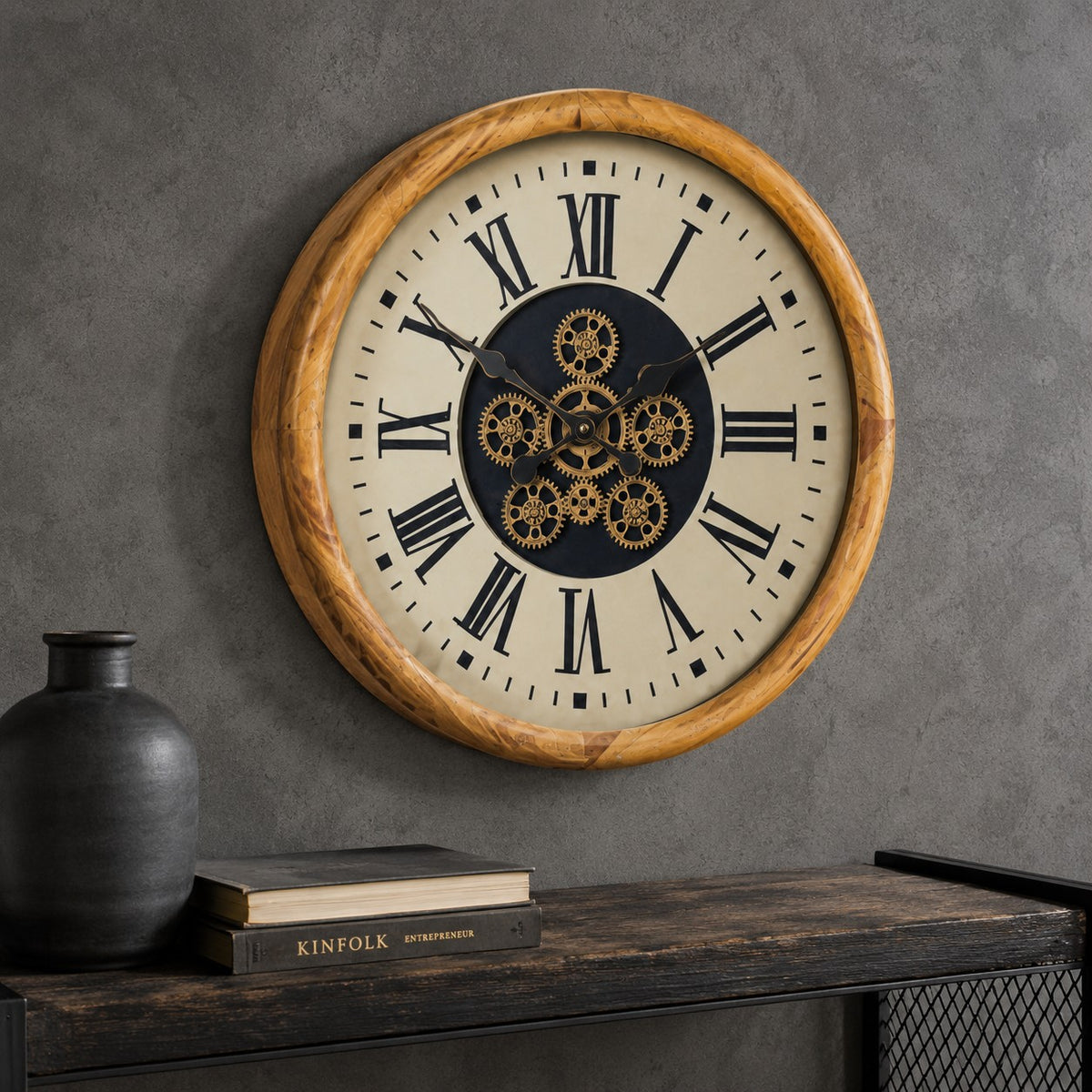 Large industrial wooden gear wall clock with Roman numerals, exposed gear-style center, and a warm wood-effect frame, perfect for home decor