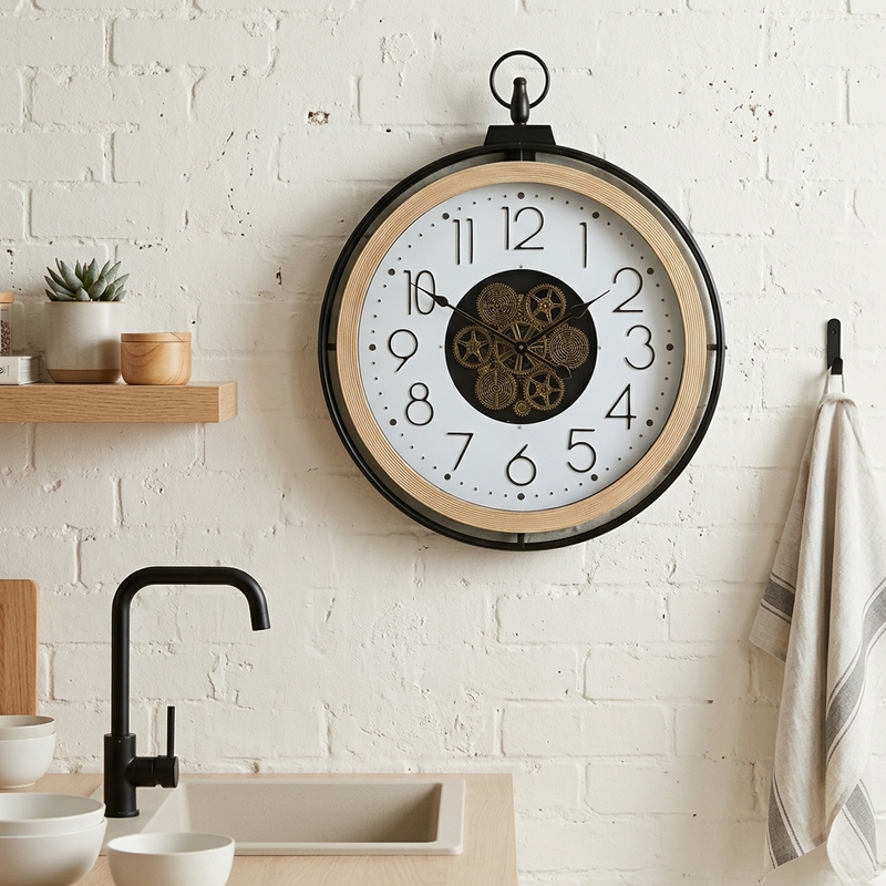 Decorative wall clock with gear design on a white brick wall in a kitchen setting.