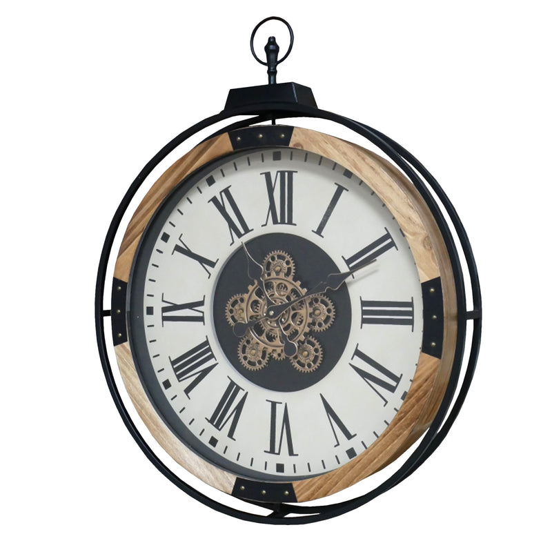 Wall clock with moving cogs and an antiqued cream face. Black metal & wooden rim A great moving clock, large enough to be a real statement. 