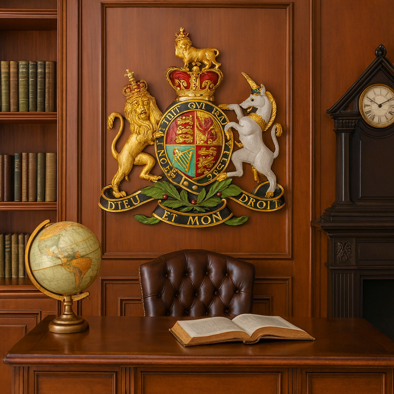 Celebrate tradition and elegance with this Royal Coat of Arms wall plaque, a timeless heraldic emblem that captures the grandeur of history and monarchy. Featuring the iconic lion and unicorn crest, crowned shield, and detailed motto ribbons, this piece exudes prestige and artistry.

Expertly crafted with rich colors and fine detailing in gold, red, blue, and ivory, this coat of arms makes a bold statement in any interior. The intricate design highlights classic symbols of strength, loyalty, and heritage, m