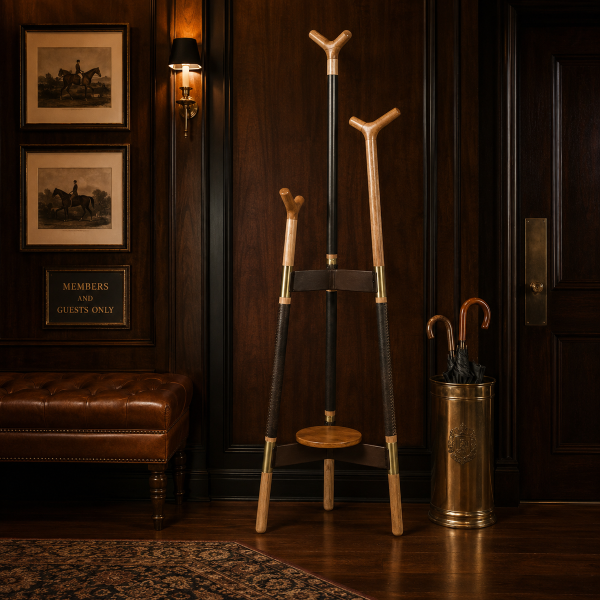 Freestanding tripod coat stand with natural wooden hooks, dark stitched leather sections, brass-finish collars and a sculptural three-legged base.