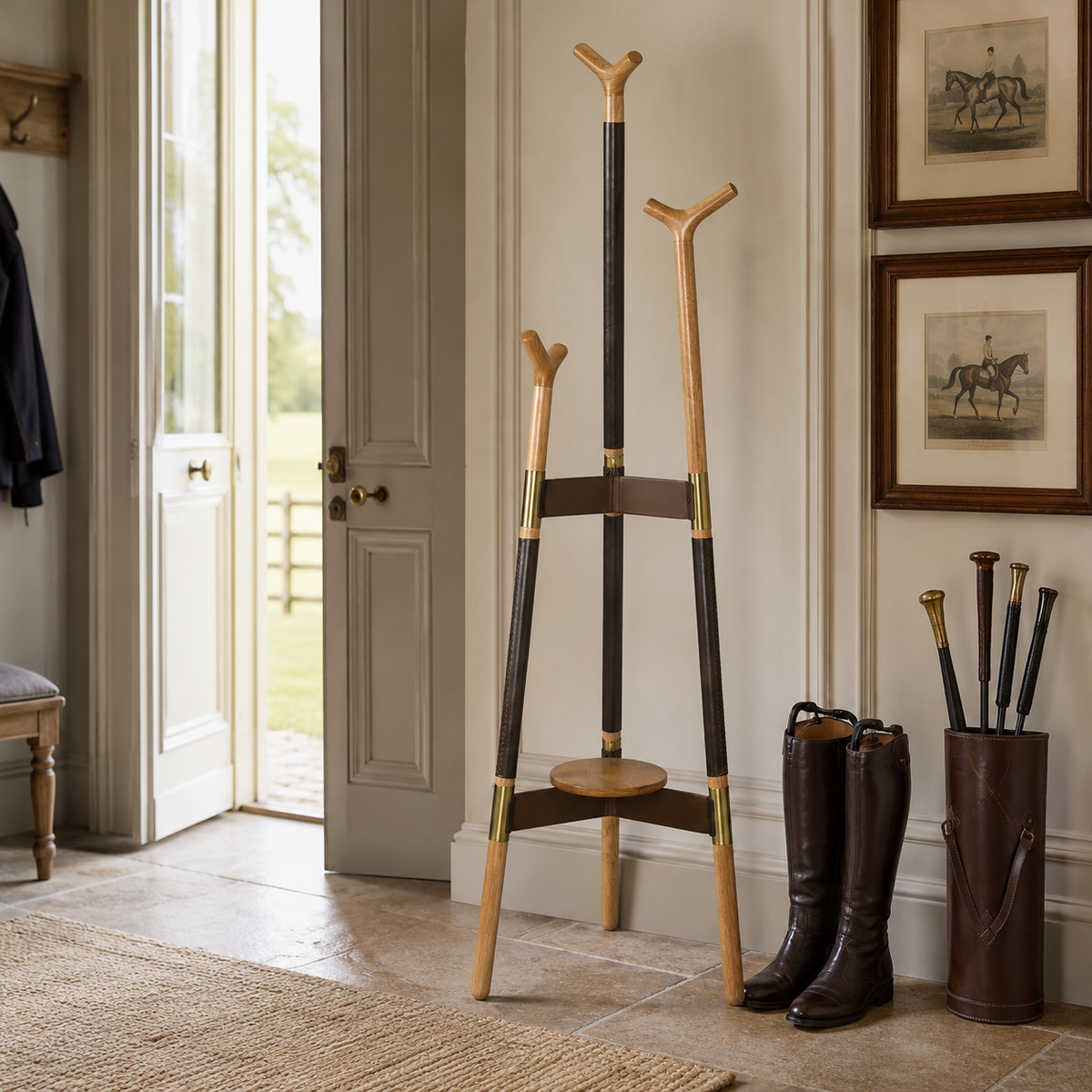 A wooden and metal equestrian-style coat rack stands in a doorway of a classic indoor room, with horse bits in a brown leather holder and dark brown riding boots on the floor nearby.