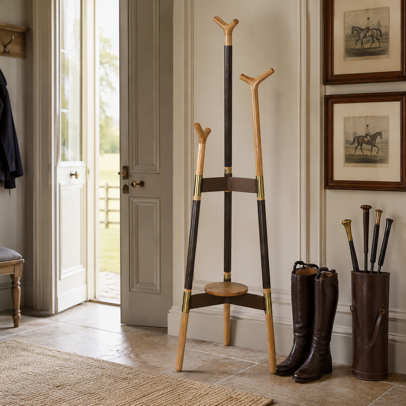 A wooden and metal equestrian-style coat rack stands in a doorway of a classic indoor room, with horse bits in a brown leather holder and dark brown riding boots on the floor nearby.