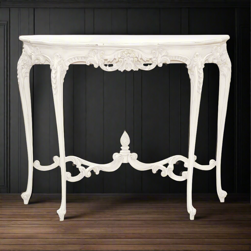 Gorgeous white carved, curved console table. Traditional style, contemporary colour, perfect in your country house or in a townhouse hall. the elaborate carving to the front and legs adds to the exquisite look of this table.