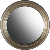 Silver convex mirror showing grooved frame on neutral background.