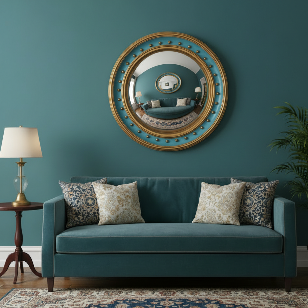 Convex mirror above a sofa in a teal coloured room with teal sofa n a traditional sitting room. 