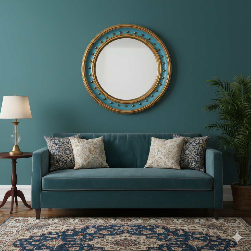 Convex mirror above a sofa in a teal coloured room with teal sofa n a traditional sitting room. 