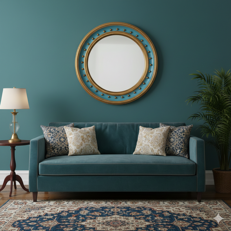 Convex mirror above a sofa in a teal coloured room with teal sofa n a traditional sitting room. 