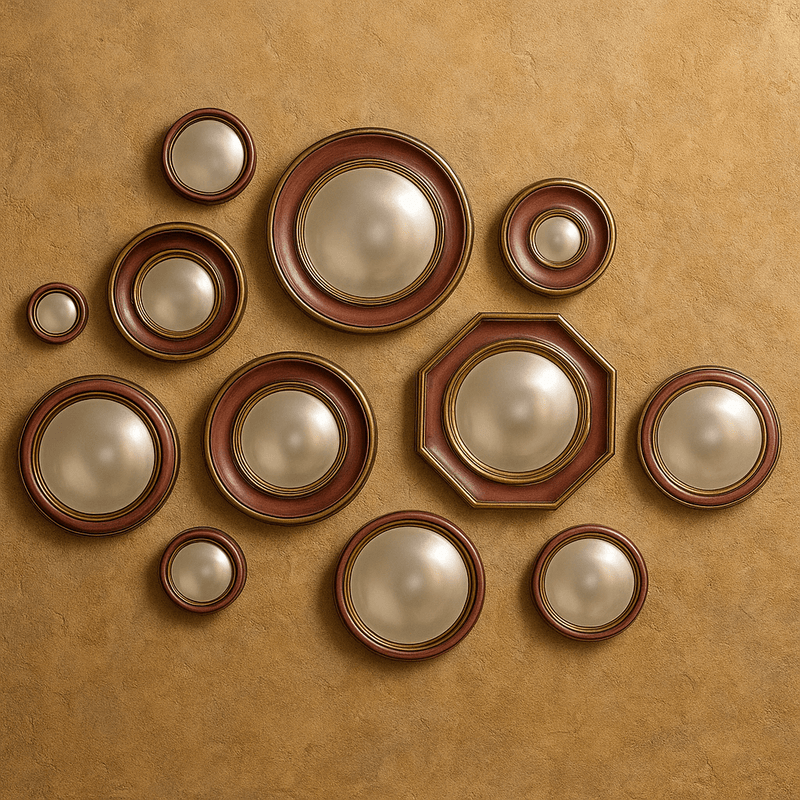 Mini convex Red &amp; gold framed mirrors which come in an assortment of sizes ranging from 13cm for the smallest up to 28cm for the largest.&nbsp; Grouping these mirrors on your wall has become a statement look on the walls in&nbsp; stylish period homes and this particular green colour works perfectly in that situ.&nbsp; &nbsp;These sets also come in red, black and the original gold colour, twelve assorted sizes that you can use to decorate your home